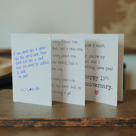 Funny anniversary cunt cards – cheeky and rude designs for celebrating relationships.