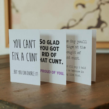 Brutally honest breakup & divorce cunt cards – the perfect way to say good riddance.