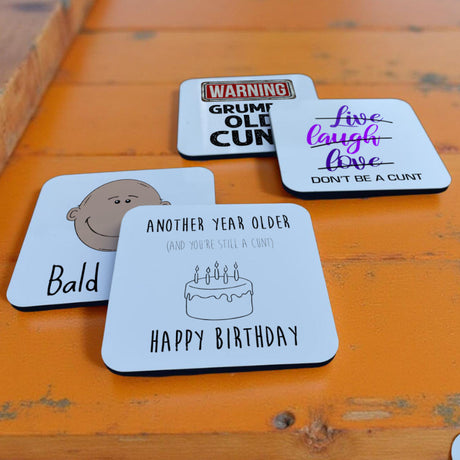 Funny birthday cunt coasters – cheeky, rude drink mats perfect for adding banter to the birthday table.