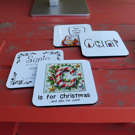 Rude and funny Christmas cunt coasters – perfect for mulled wine, festive drinks, and stirring up a bit of sweary cheer.