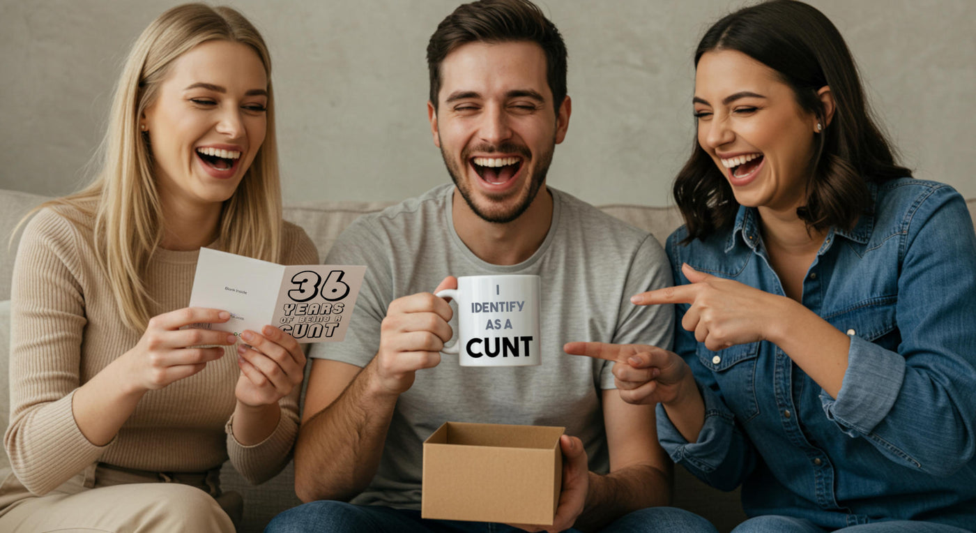 Cunt Gifts homepage banner - people opening cards and gifts and laughing
