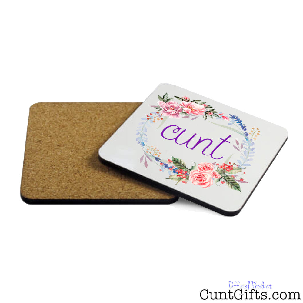 Floral Cunt Mug Drink Coaster - showing both sides