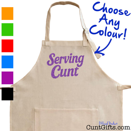 Linen apron with 'Serving Cunt' text and colour swatches showing available colour options.