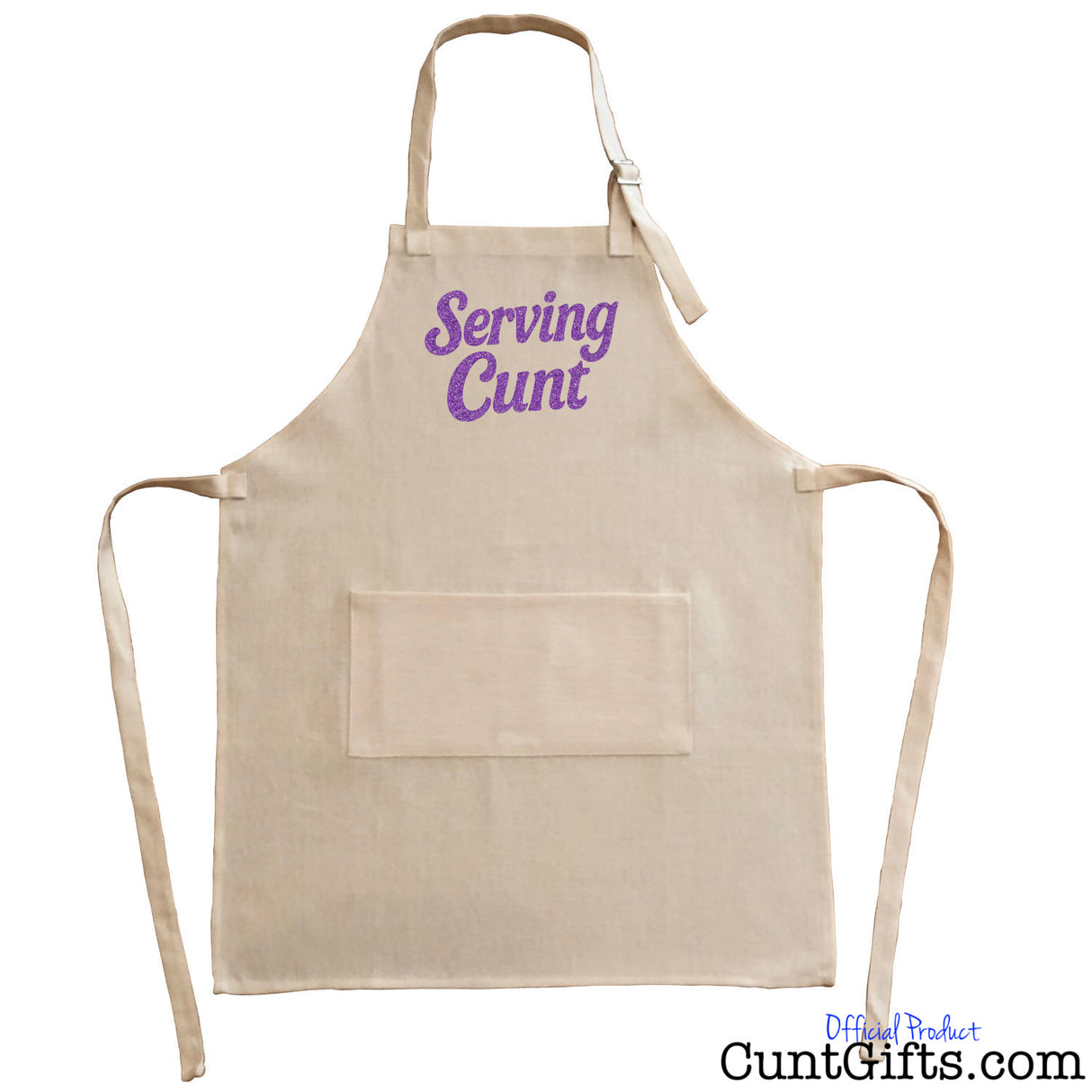 Linen apron with purple text 'Serving Cunt' on a white background