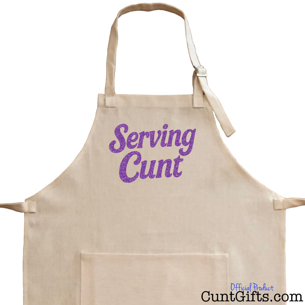 Close-up of linen cooking apron with purple text 'Serving Cunt' on a white background