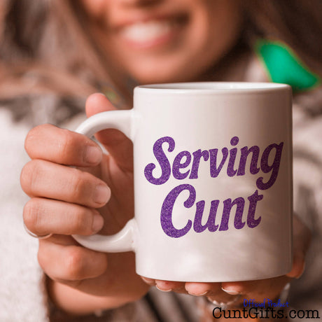 'Serving Cunt' Mug Held By Woman Smiling