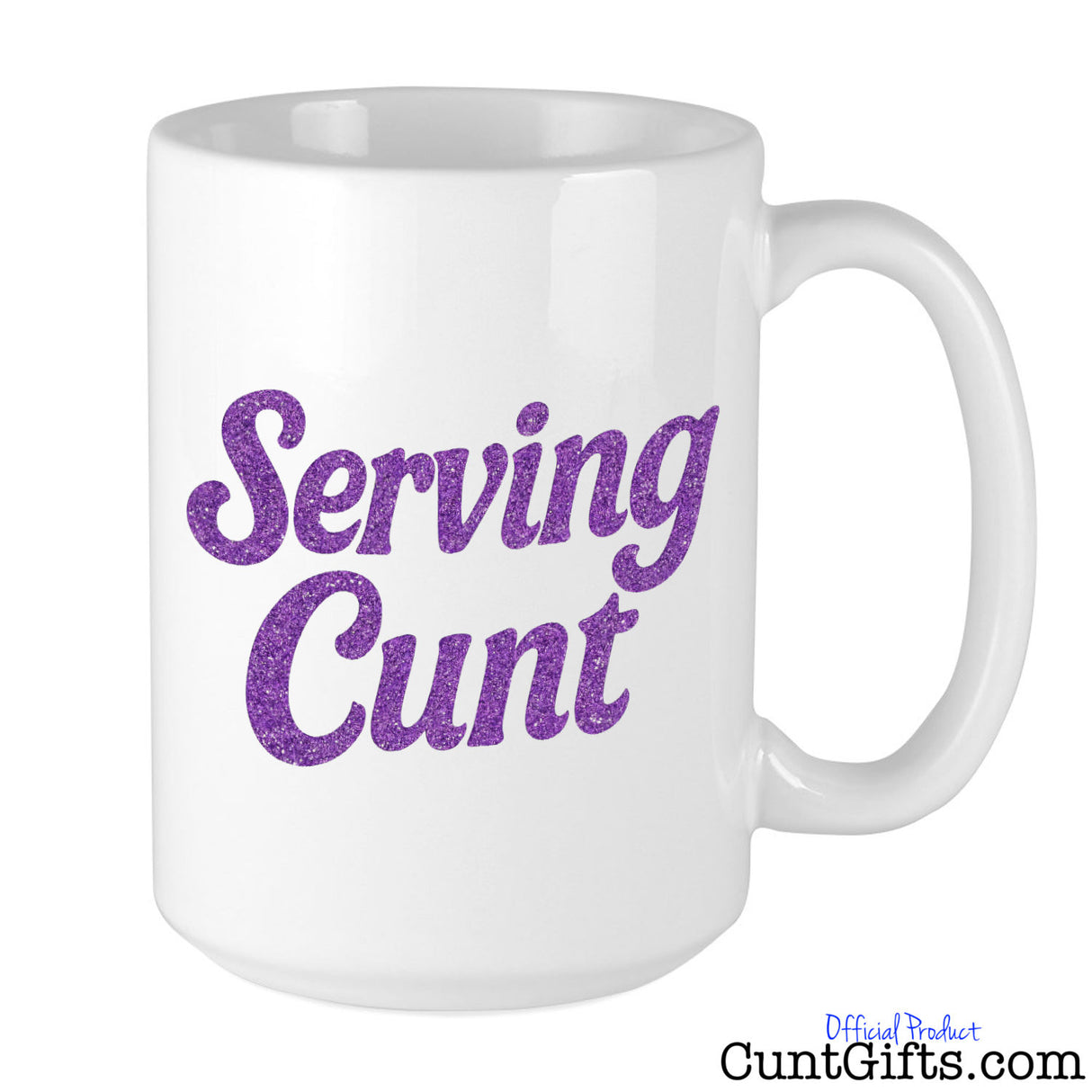 White mug with purple text 'Serving Cunt' on a white background
