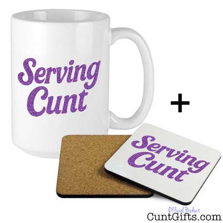 White mug and coaster set with 'Serving Cunt' text in purple on a white background