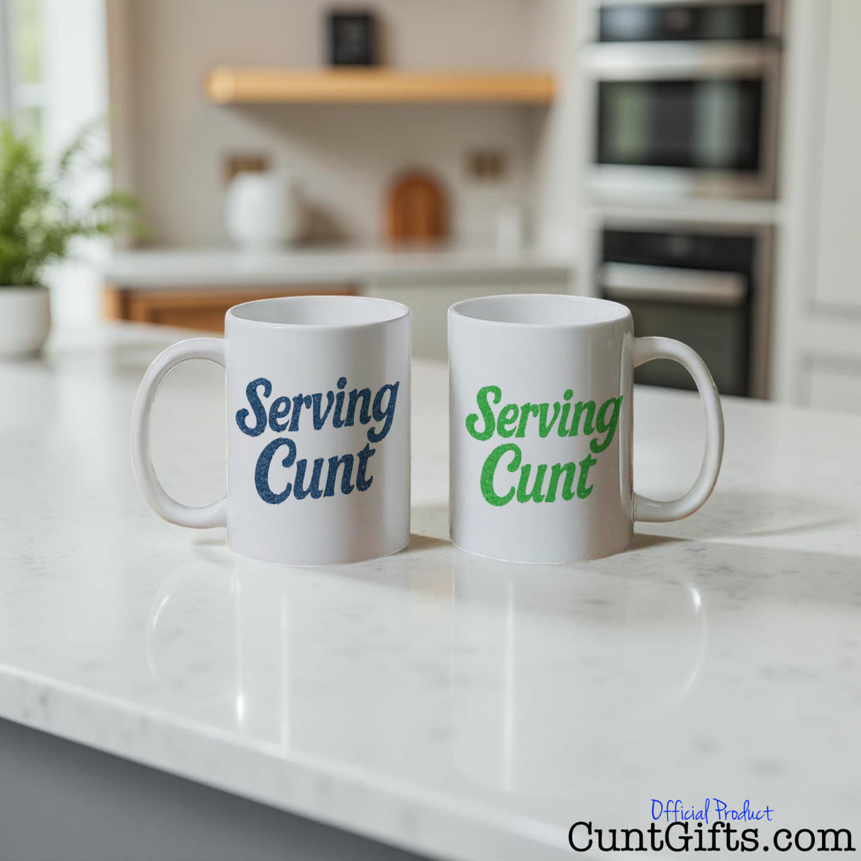 Two 'Serving Cunt'  mugs with text on a kitchen counter