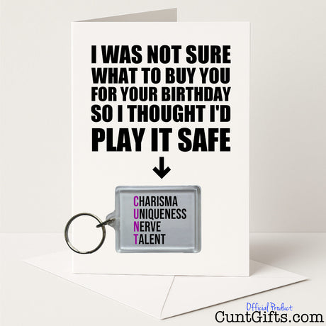 Funny birthday card and keyring combo with "Purple Charisma Cunt" keyring – cheeky and rude from Cunt Gifts