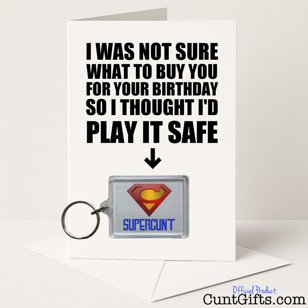 Funny birthday card and keyring combo with "Supercunt" keyring – sweary and funny from Cunt Gifts