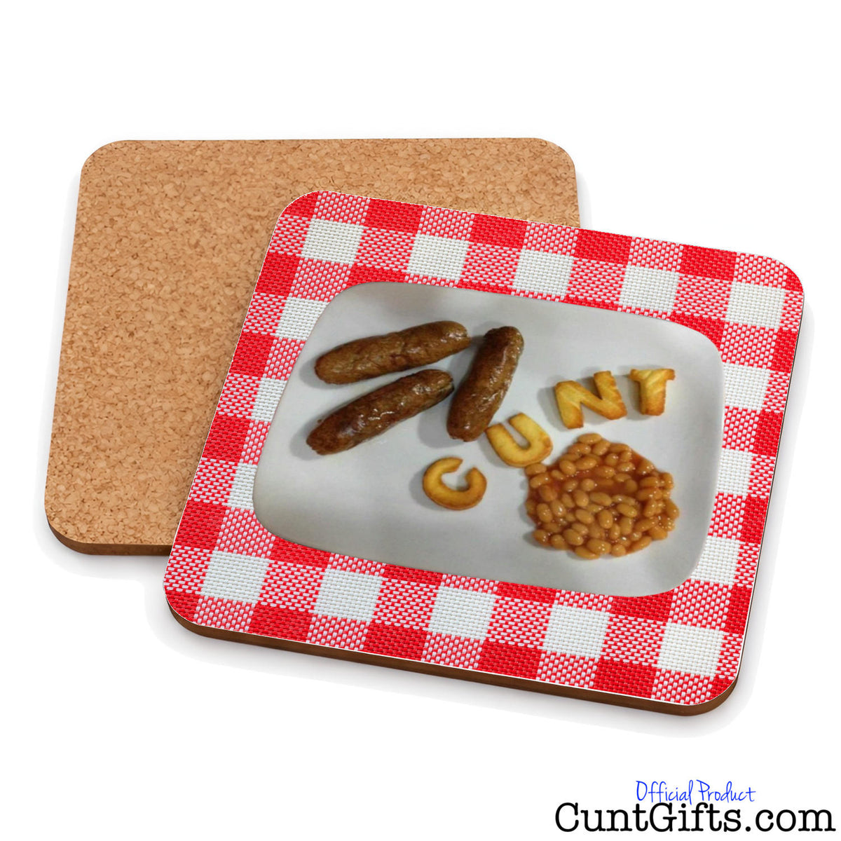Breakfast Cunt drinks coaster showing both sides.