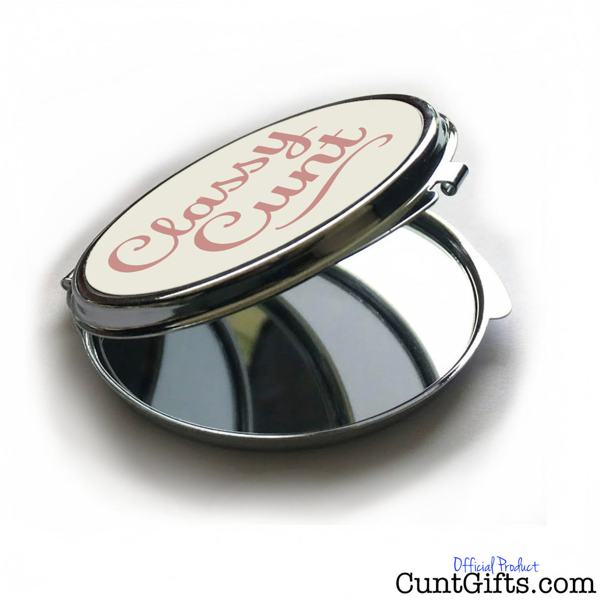 Classy Cunt compact mirror open showing design and inside.