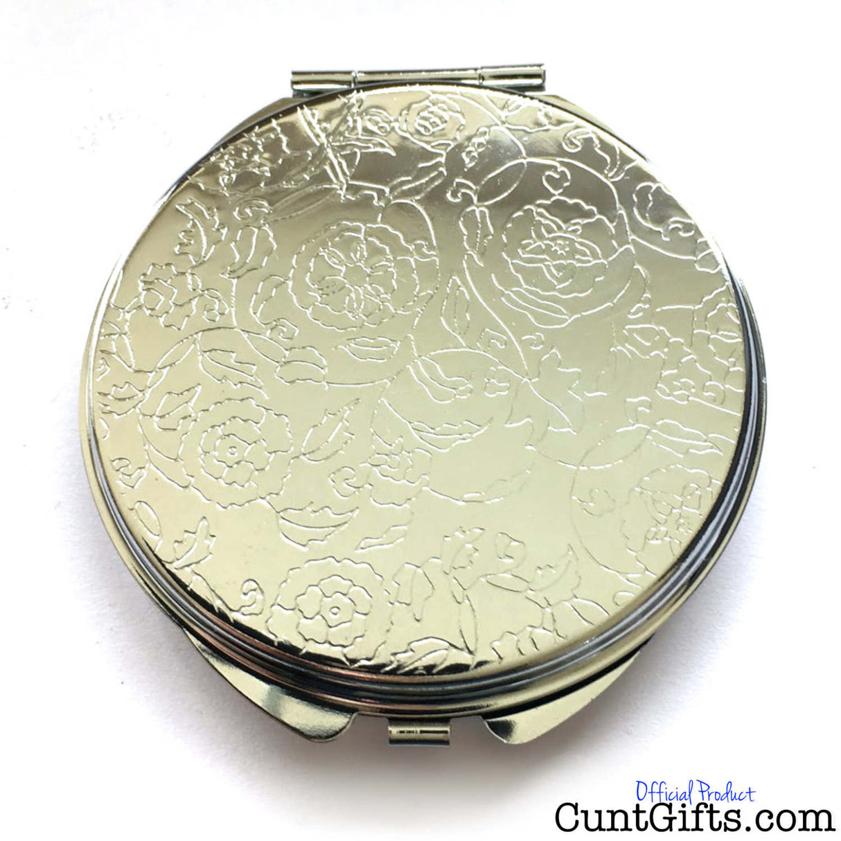 Classy Cunt compact mirror showing a floral design on the reverse side