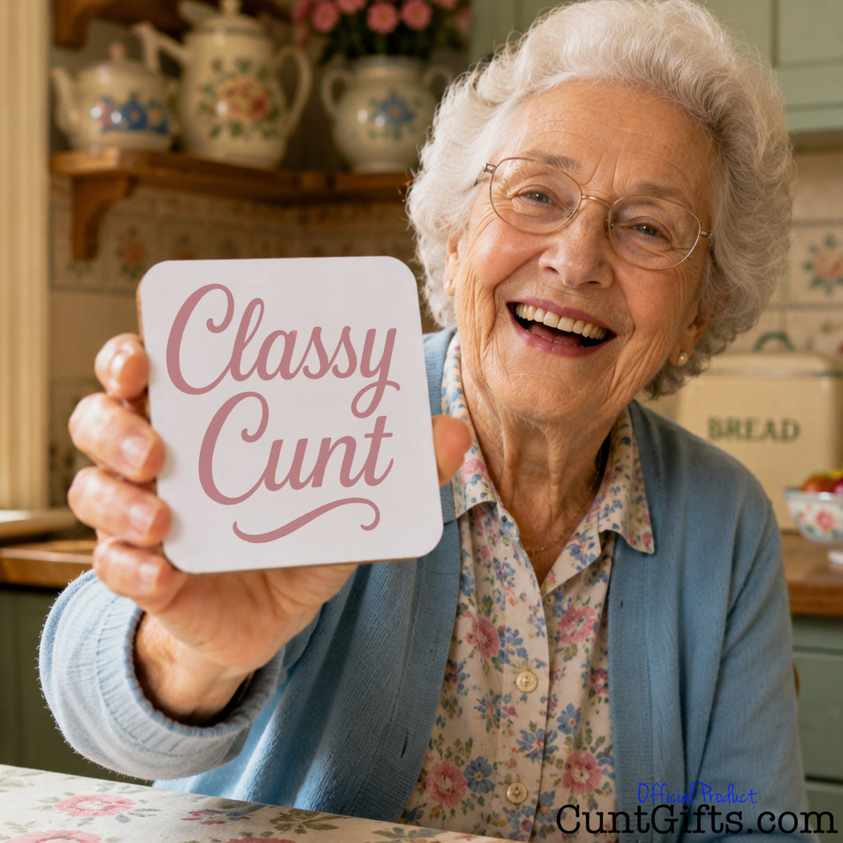 Classy Cunt Drink Coaster held by smiling grandma