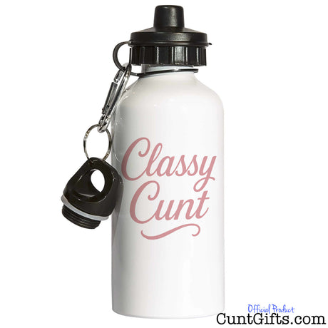 White water bottle with 'Classy Cunt' design and black cap on a white background