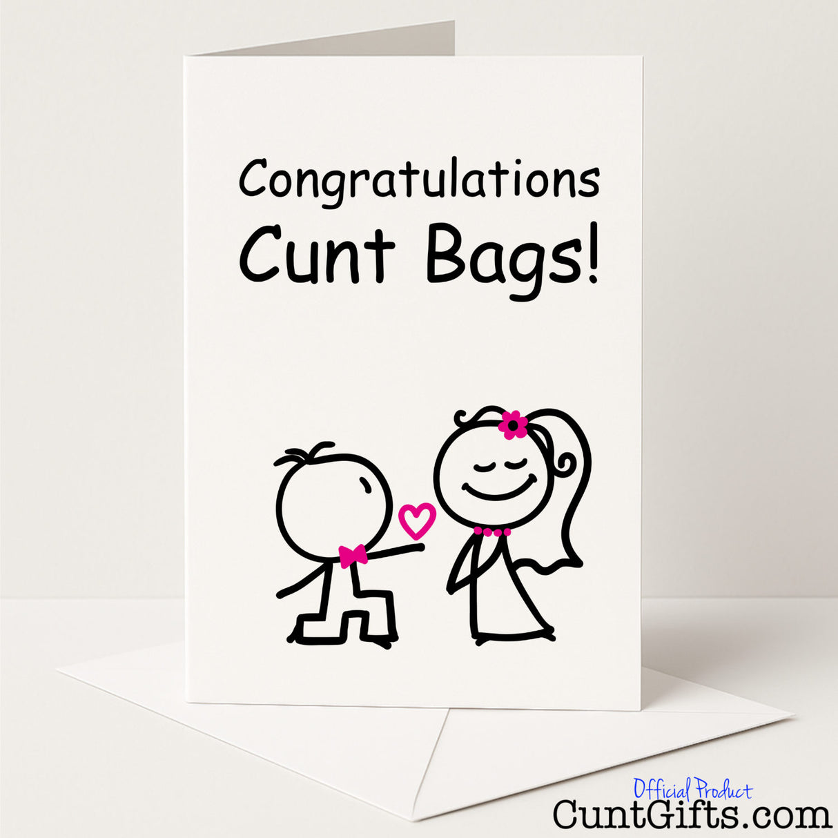 Rude and hilarious wedding or engagement card that says "Congratulations Cunt Bags" – for couples who can take a joke, from Cunt Gifts