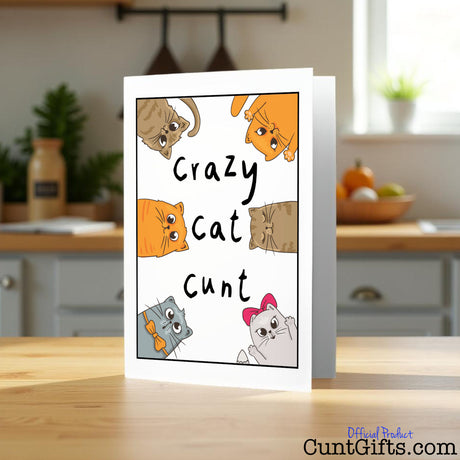 Crazy Cat Cunt Card on a kitchen counter.