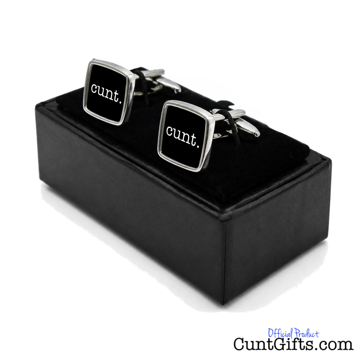 Cunt Cufflinks - black design in presentation gift box at angle.