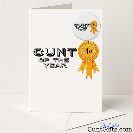 Rude and funny "Cunt of the Year" greetings card and badge set for celebrating someone special in the most sweary way — from Cunt Gifts