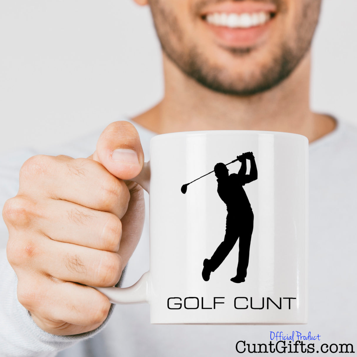 Golf Cunt Mug held by man with stubble
