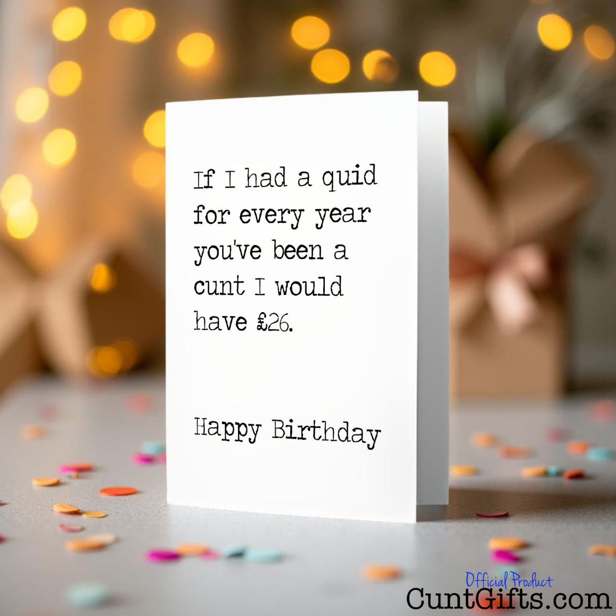 If I had a quid for ANY AGE Personalised Birthday cunt card on a blurred background with lights and confetti.