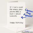 Personalised birthday card that says "If I had a quid for every year you’ve been a cunt" – hilariously rude and spot-on, from Cunt Gifts