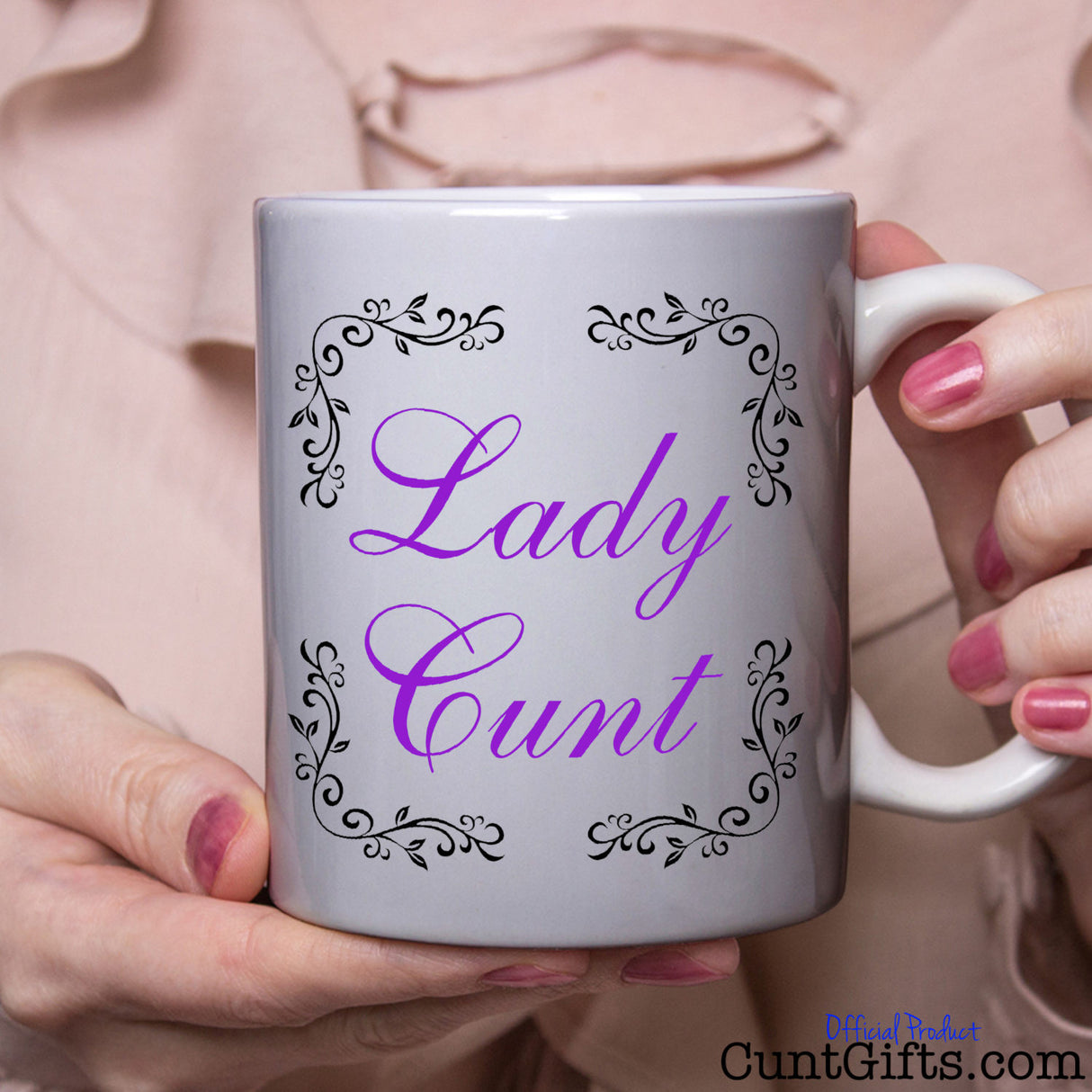 Lady Cunt Mug held by woman in pink blouse