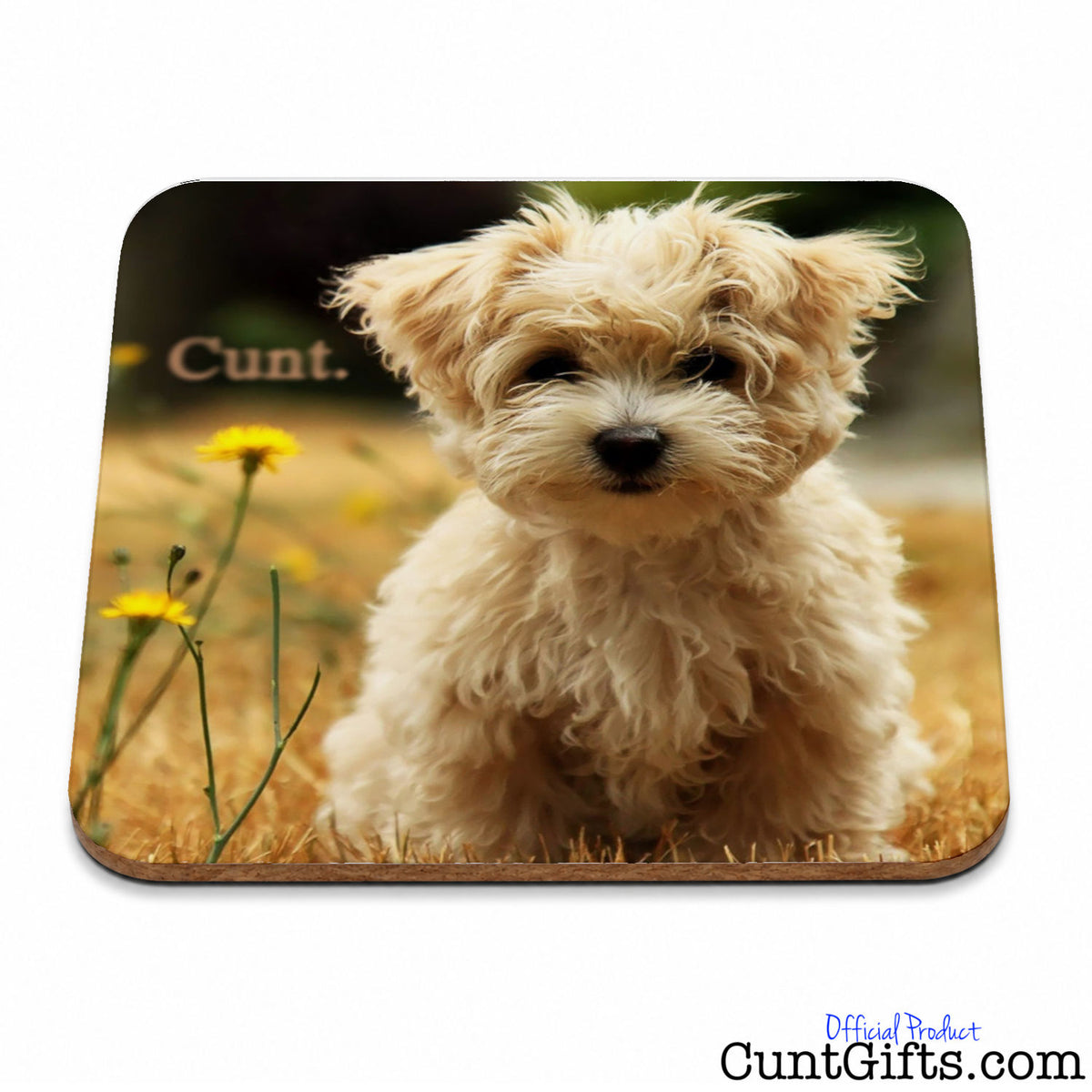 A rectangular mouse pad with rounded corners featuring a printed photo of a fluffy cream-colored dog sitting in grass with yellow flowers and the word cunt.