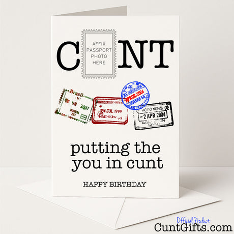Cheeky "Putting the You in Cunt" birthday card with a hilarious twist on rude wordplay — from Cunt Gifts