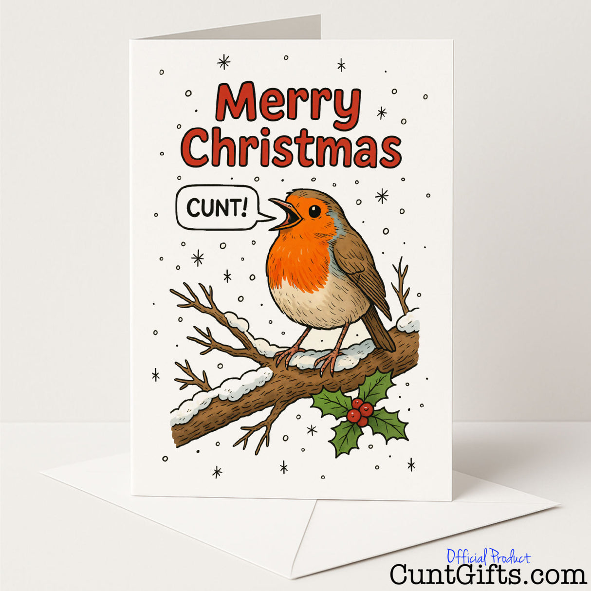 Robin saying Merry Christmas Cunt on festive greeting card