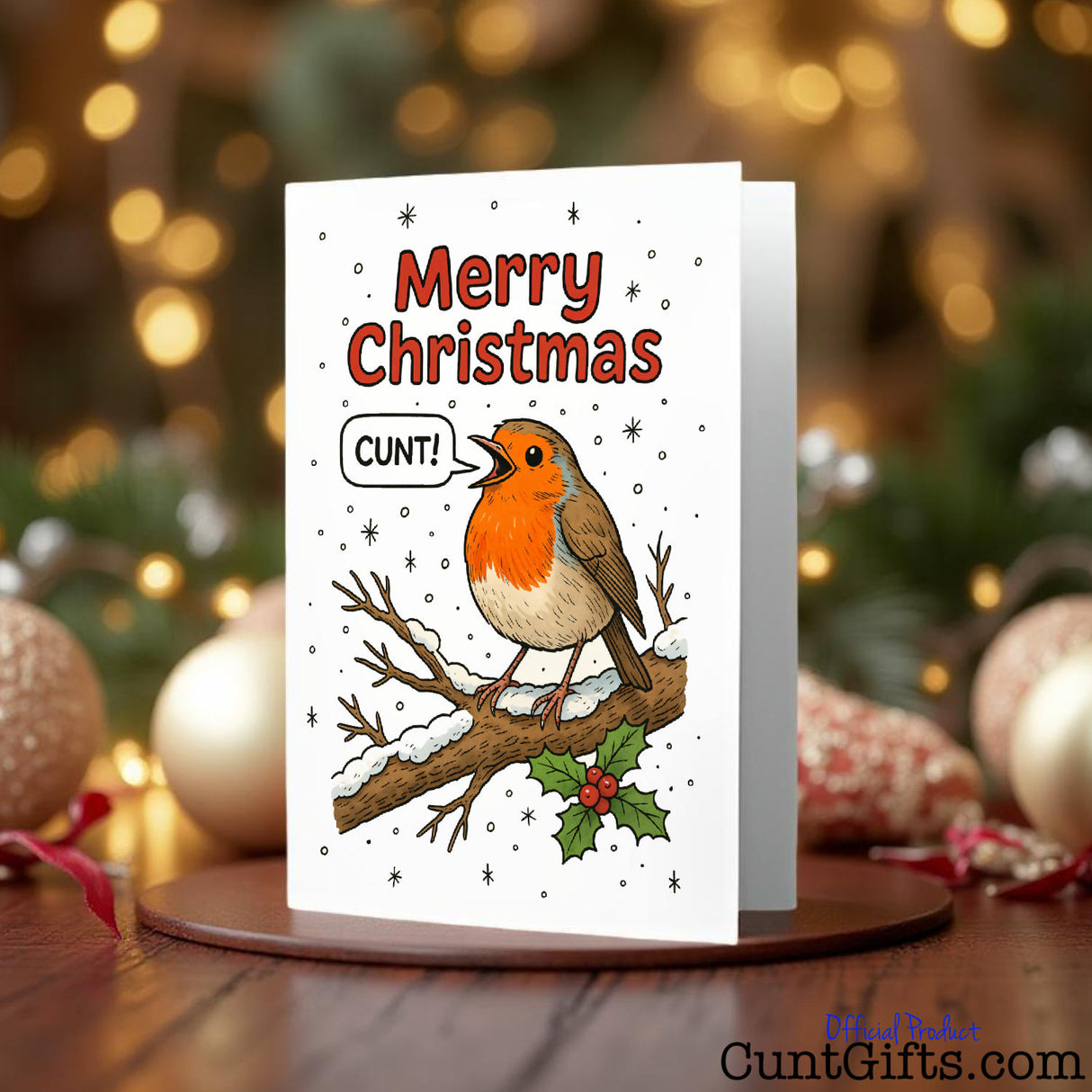 Robin saying Merry Christmas Cunt on festive greeting card with fairy lights in background