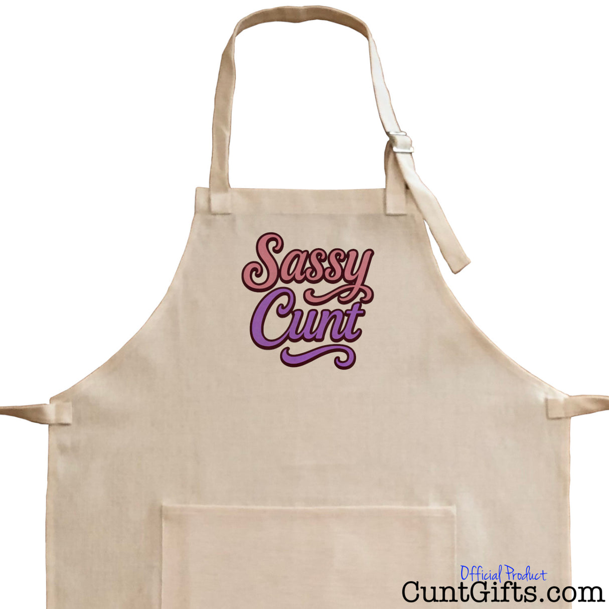 Close-up of a linen apron with 'Sassy Cunt' text on a white background