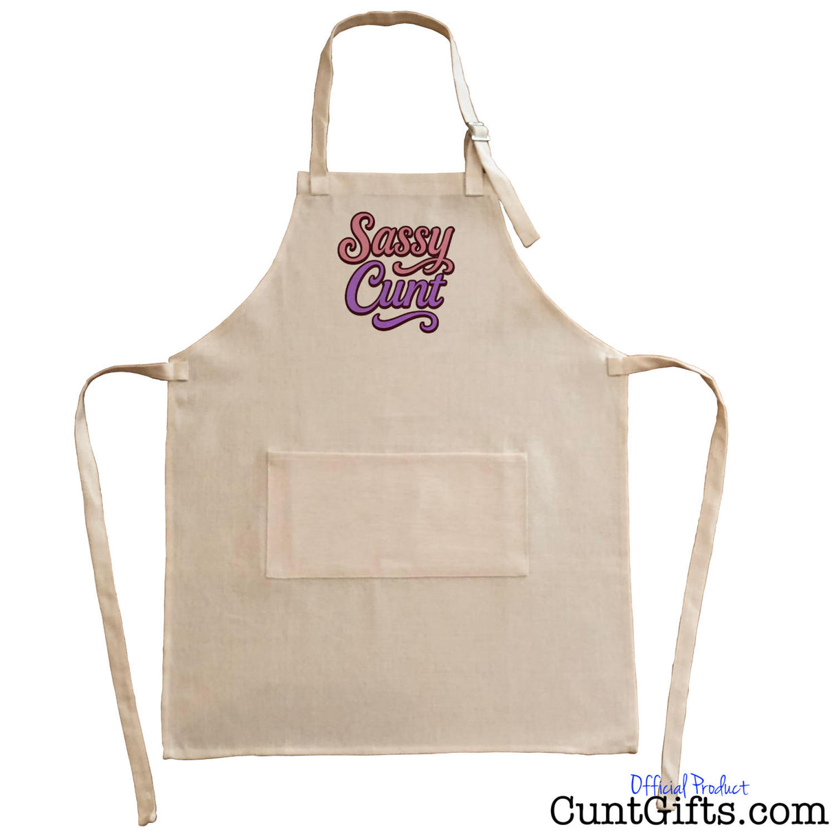 Linen apron with 'Sassy Cunt' text on a white background