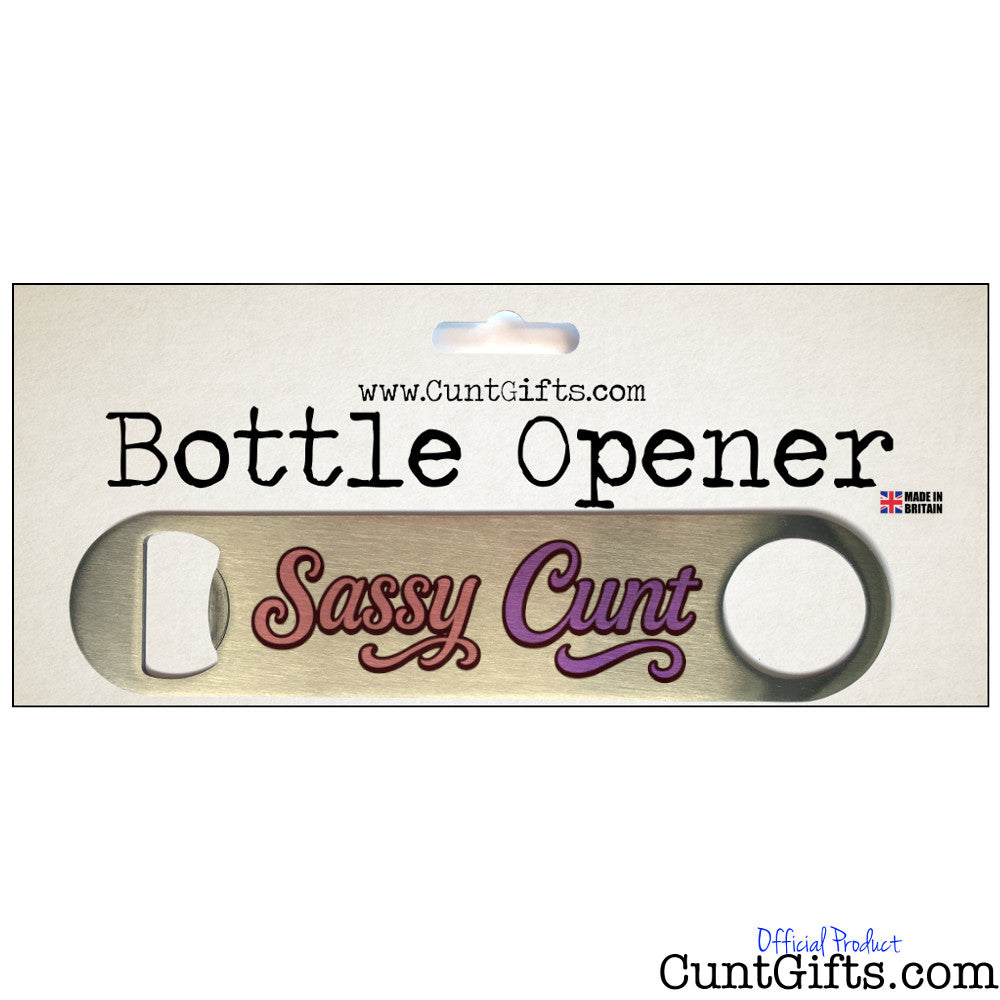 Bottle opener with 'Sassy Cunt' text in packaging on a white background