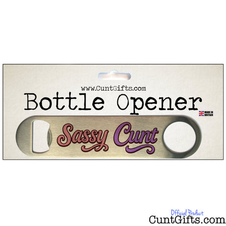 Bottle opener with 'Sassy Cunt' text in packaging on a white background
