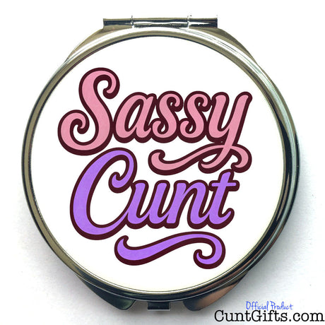 Compact mirror with 'Sassy Cunt' text on a white background