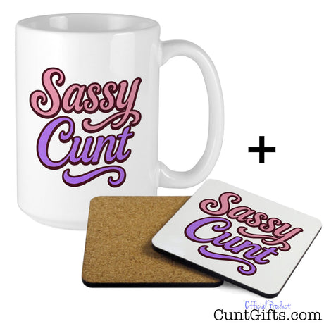 White mug and coaster set with 'Sassy Cunt' text on a white background