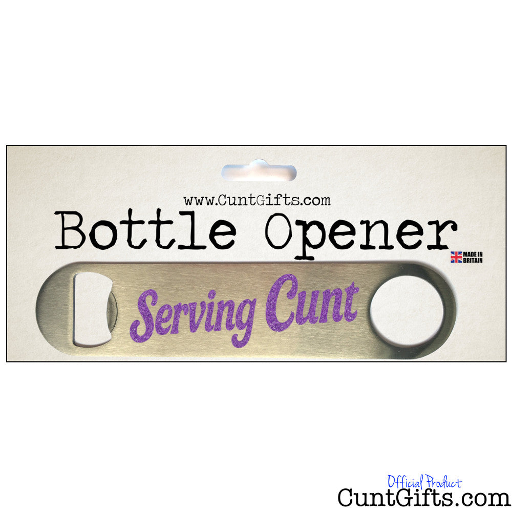 'Serving Cunt' bar blade bottle opener in packaging