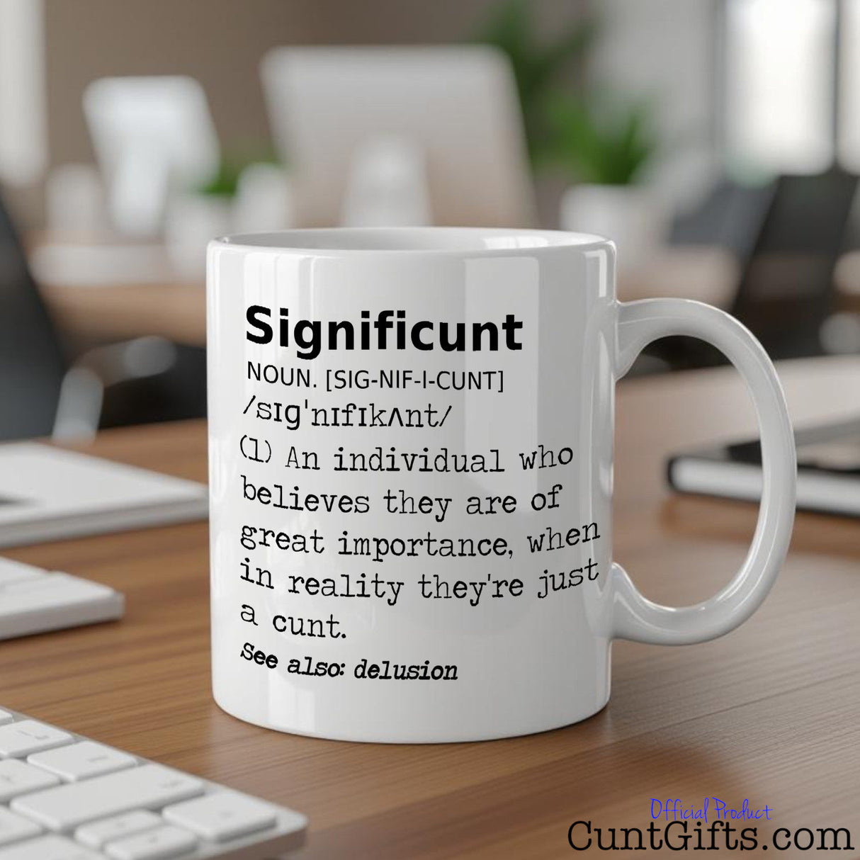 Significunt Mug on office desk with chairs and a plant in the background and a keyboard on the tablle.