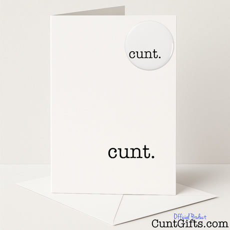 Blunt and funny "Simple Cunt" greetings card and badge set for a no-nonsense sweary surprise — from Cunt Gifts