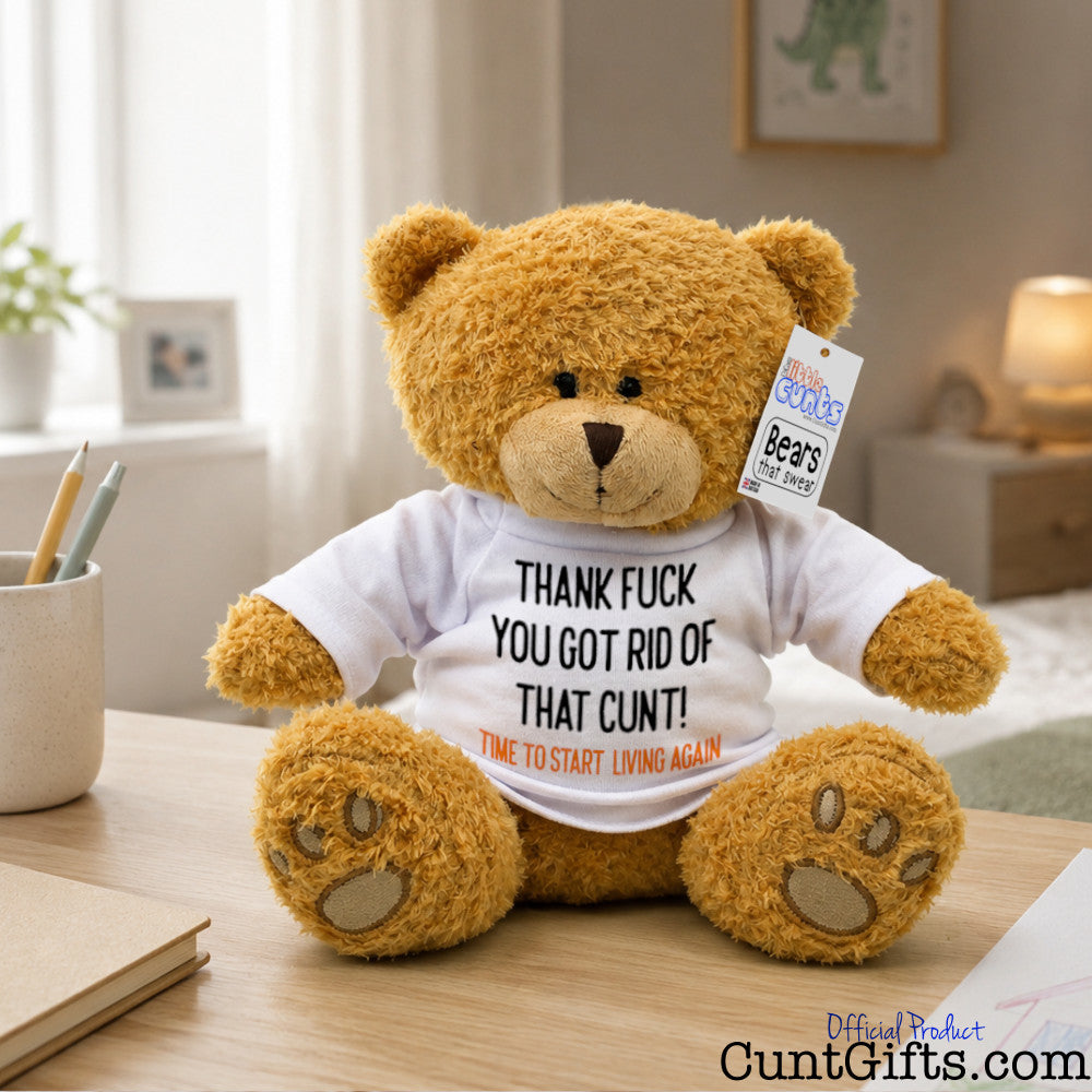 Thank fuck you got rid of that cunt - Breakup Divorce Plush Teddy Bear on bedroom sideboard