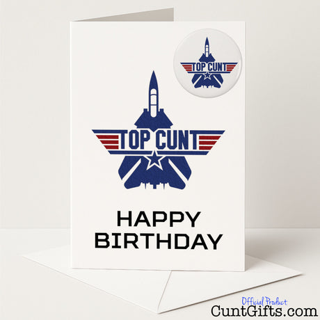 Funny birthday card and badge set with the phrase "Top Cunt" — cheeky and sweary celebration from Cunt Gifts