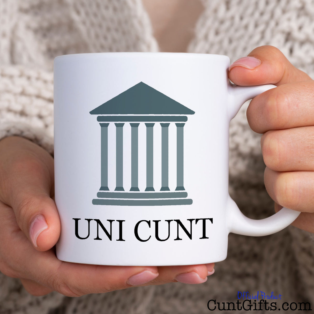 Uni Cunt Mug held by woman in knitted cardigan
