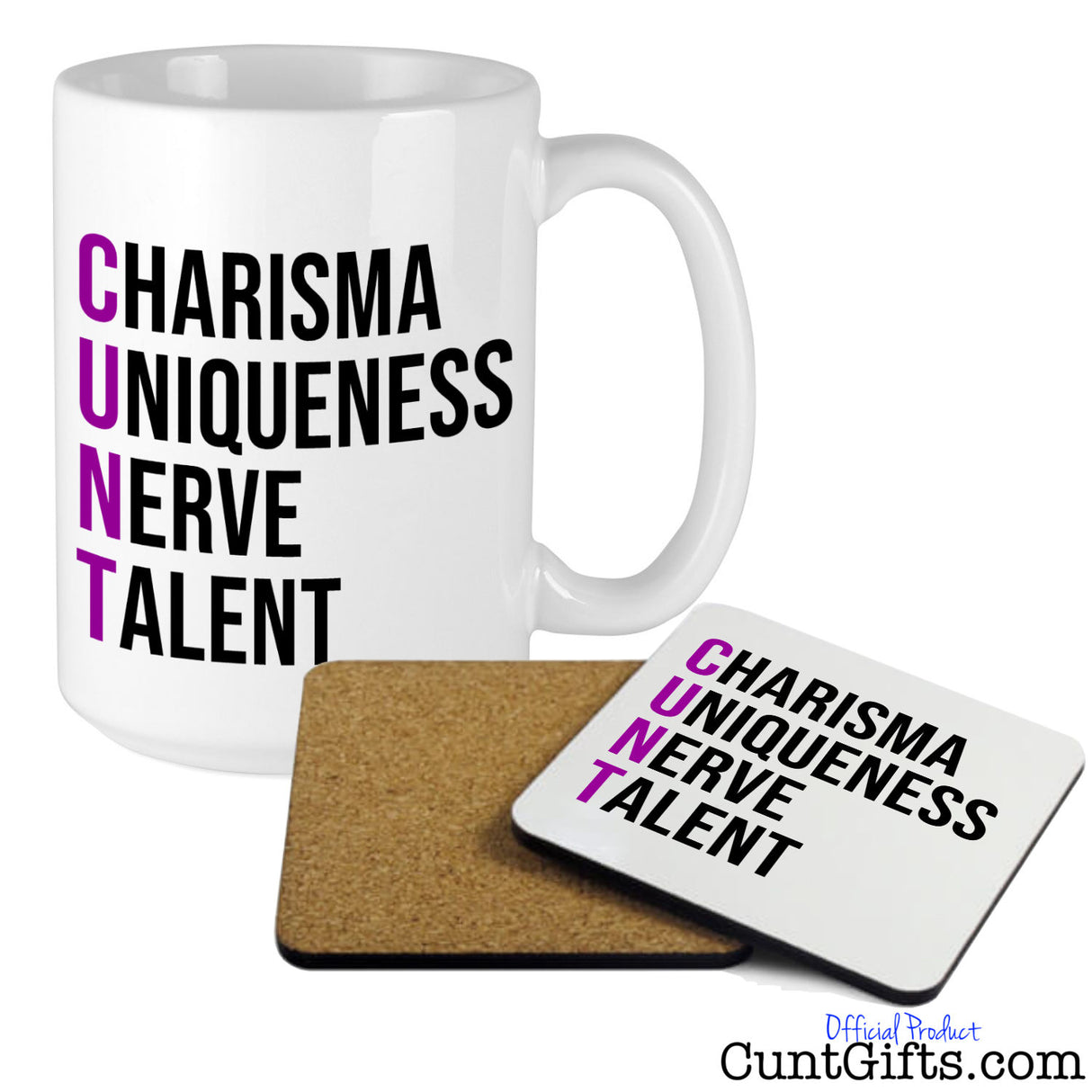 Charisma Uniqueness Nerve and Talent - Mug with Wooden Coaster - Purple