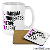 Charisma Uniqueness Nerve and Talent  - Mug with Wooden Coaster - Purple