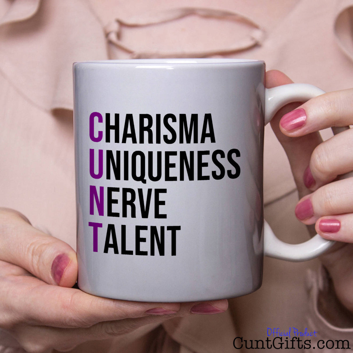 Charisma Uniqueness Nerve and Talent Purple - Mug held by woman in pink blouse