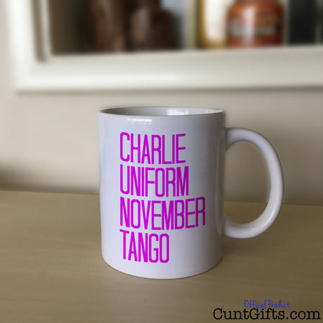Charlie Uniform November Tango - Mug on Sideboard