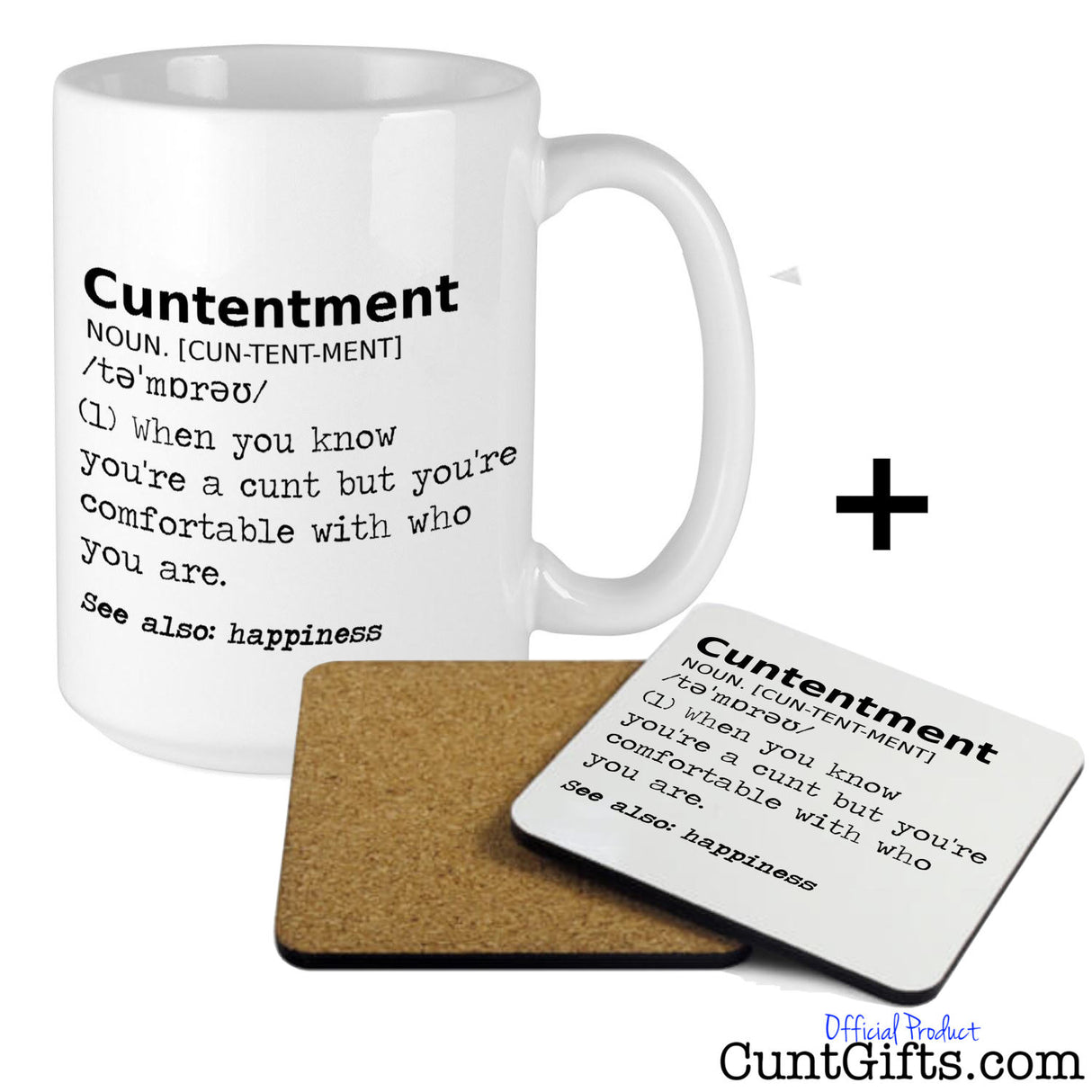 Cuntentment - Mug and Wooden Drinks Coaster