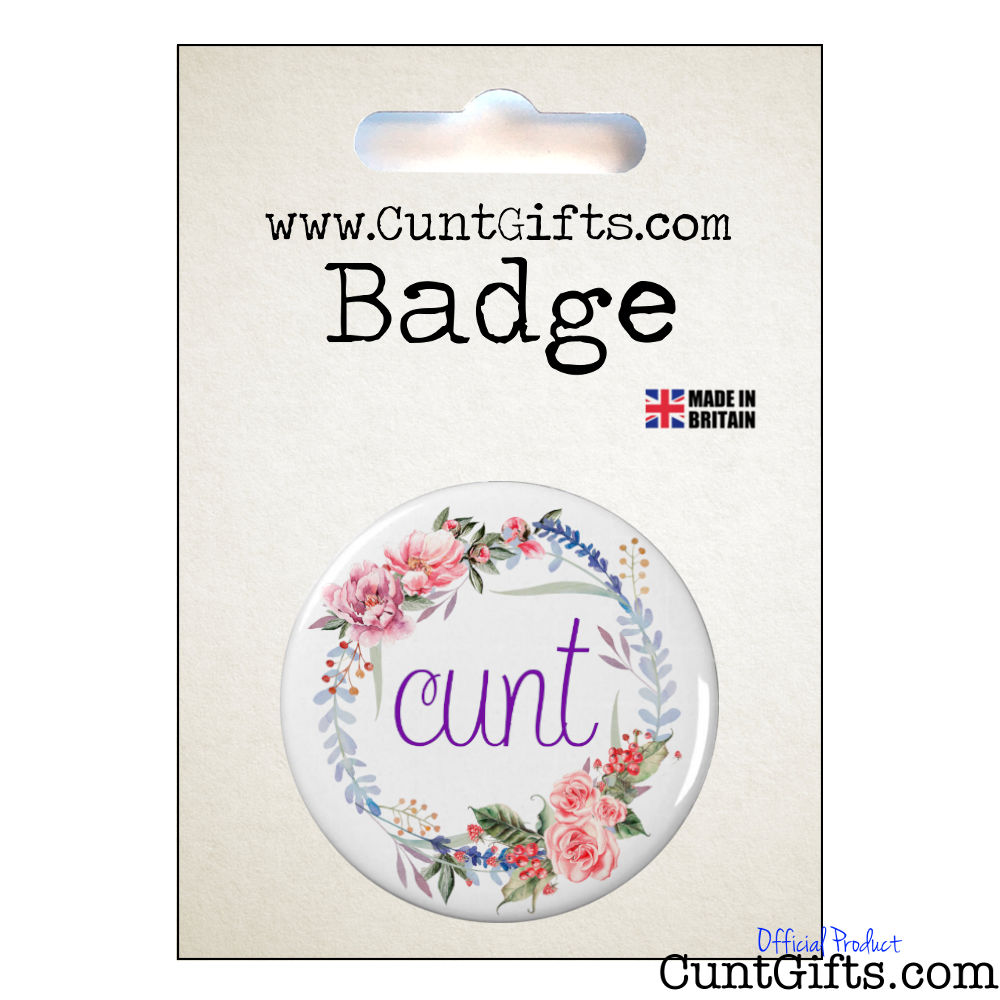 Floral Cunt Badge in packaging